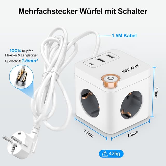Thumbnail 6 de Beizkna Steckdosenwürfel mit USB-C: 3-fach Mehrfachsteckdose mit Überspannungsschutz, Schalter und 1,5 m Kabel