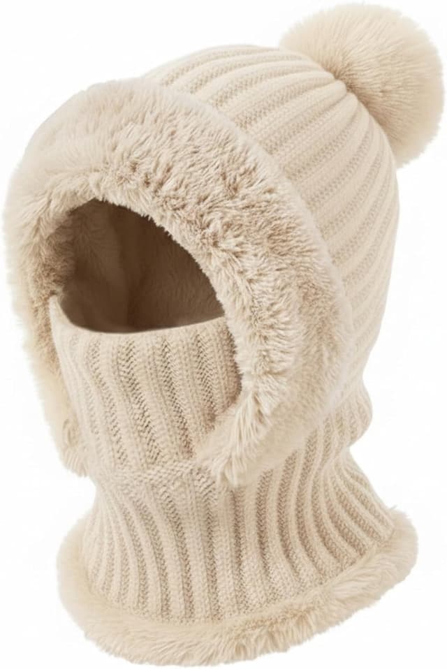 Detalle de DRESHOW women’s winter balaclava knit beanie hat with drawstring hood scarf – 3-in-1 windproof face cover