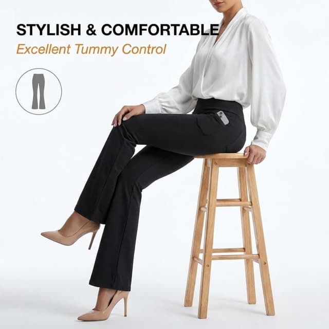 Detalle de CAMBIVO Ladies Stretch Bootleg Trousers – Bootcut Yoga Pants with Pockets and Elasticated Waist