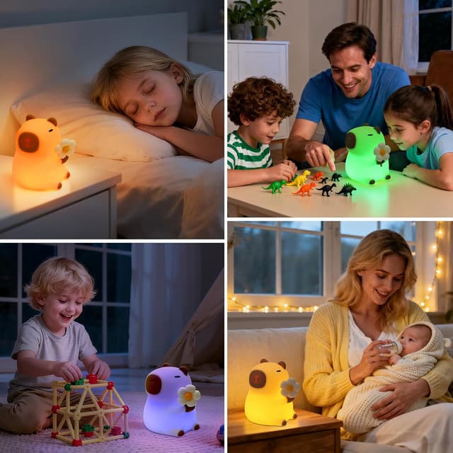 Detalle de JVURICE® Capybara Silikon-Nachtlicht für Kinder, dimmbar, Touch & wiederaufladbar per USB‑C