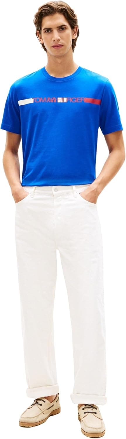 Detalle de Tommy Hilfiger Brand Love Stripe Tee MW0MW42368: t-shirt da uomo a righe per stile casual