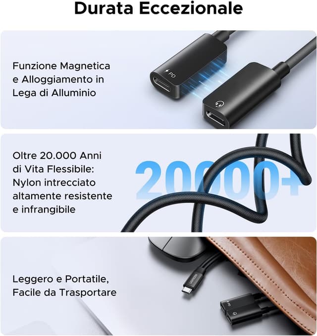 Detalle de UGREEN Adattatore USB‑C a USB‑C 2‑in‑1 con ricarica PD 60W magnetico e audio 96 kHz/24 bit
