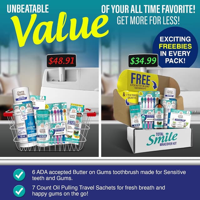 Thumbnail 6 de GuruNanda Total Smile Makeover Kit Regular with Cocomint Oil Pulling, Dual Barrel Whitening Mouthwash, Whitening Strips & Toothbrushes