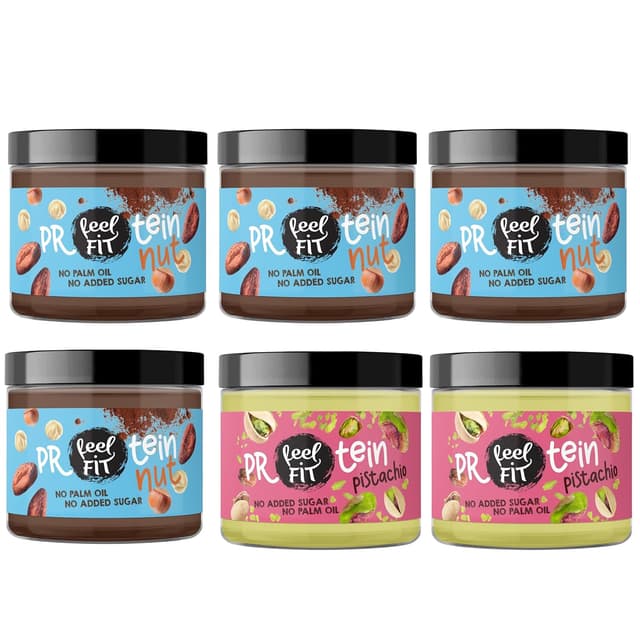 Detalle de Feel Fit Protein Creme Mix – Pistazie & Nuss Kakao-Haselnuss Aufstrich, 6×200 g, ohne Zuckerzusatz