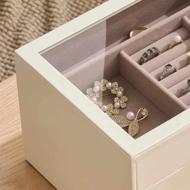 Detalle de pickpiff 4-Layer Jewellery Box Organiser Case with Glass Window (Ivory Leather, Pink Velvet)