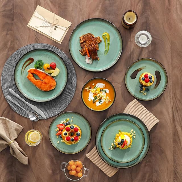Detalle de vancasso AMBER Series Turf Green Stoneware Dinnerware Set (24-Piece: Plates & Bowls) — Microwave & Dishwasher Safe
