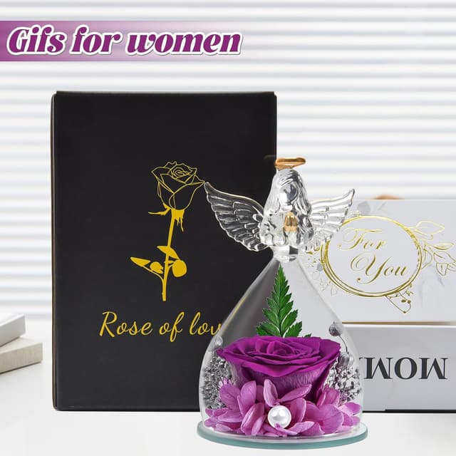 Detalle 2 de YiHuaHua Rose Eternelle Cadeau Femme avec figurine d’ange et cloche en verre borosilicate
