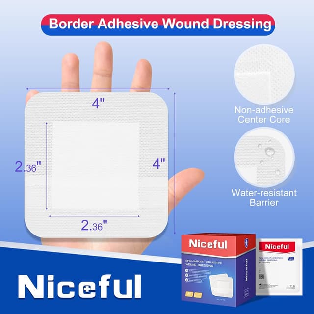 Detalle de Niceful 50 Count 4" x 4" Adhesive Gauze Island Dressing — Water-Resistant Sterile Pads for First Aid