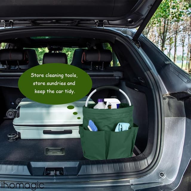 Detalle de IHOMAGIC Foldable Storage Bin with 6 Outer Pockets (17L) – Round Tool Basket, Carrying Hamper, Blackish Green