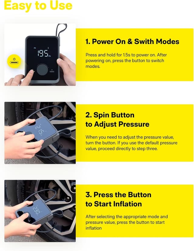 Detalle de HOTO Tire Inflator Portable Electric Air Pump Pro (Digital Pressure Gauge, 120PSI) – Cordless 12V Pump