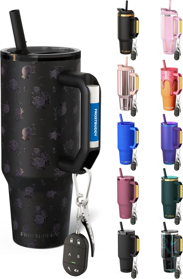 Detalle de Thicc Buddy 40 oz Double-Wall Stainless Steel Vacuum Tumbler (Black Floral) with Flip Lid and Straw