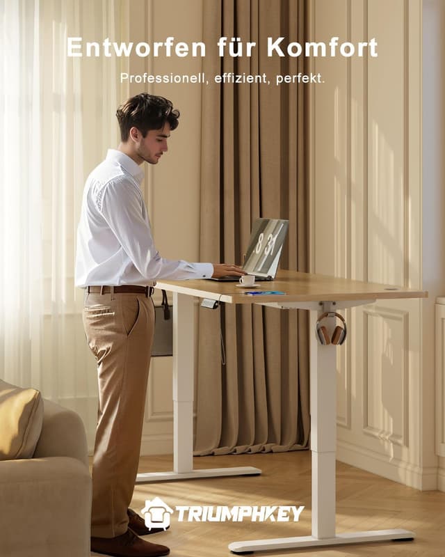 Detalle de TRIUMPHKEY höhenverstellbarer Schreibtisch 160x80 mit USB-Ladeanschluss, 3 Memory-Steuerung und Kabelkasten (beige)