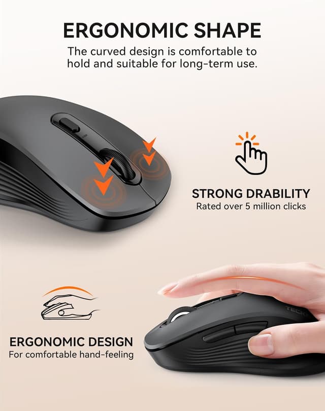 Detalle de TECKNET Tri-Mode Wireless Mouse for Laptop (Bluetooth 5.0/3.0 + 2.4G, 4800DPI, silent clicks)