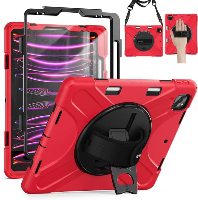 Detalle de Étui BRAECN avec coque de protection, support rotatif 360° et dragonne pour iPad Pro 12,9 pouces (6e/5e/4e/3e génération, 2022/2021/2020/2018) – Rouge