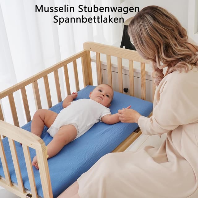Detalle 2 de Kewlife gift Baby Musselin Spannbettlaken 80×50 cm (100 % Baumwolle) für Kinderwagen & Kinderbett, 2er-Set
