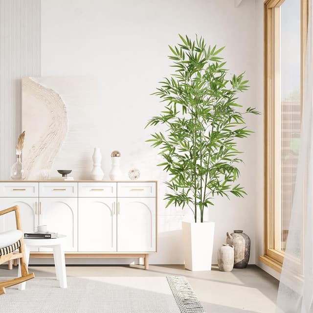 Detalle 2 de YOLEO 6FT Artificial Bamboo Tree with White Tall Planter (180cm) – lifelike faux silk bamboo for indoor and balcony decor