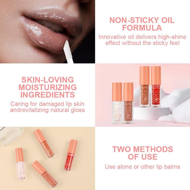 Detalle de Coffret AOOWU 4 soins liquides brillants à lèvres (huiles + gloss) — brillance durable et texture légère