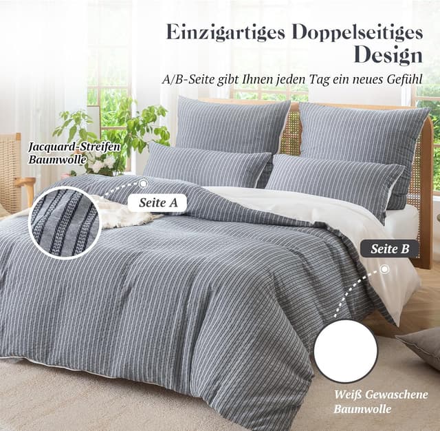 Detalle de SOULFUL Bettwäsche-Set 155x220 aus Baumwolle, gestreift (Jacquard), Graublau