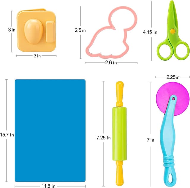 Detalle de Kids dough tools & cutters set (41 pieces) with rolling pin, moulds, scissors, play mat and storage bag