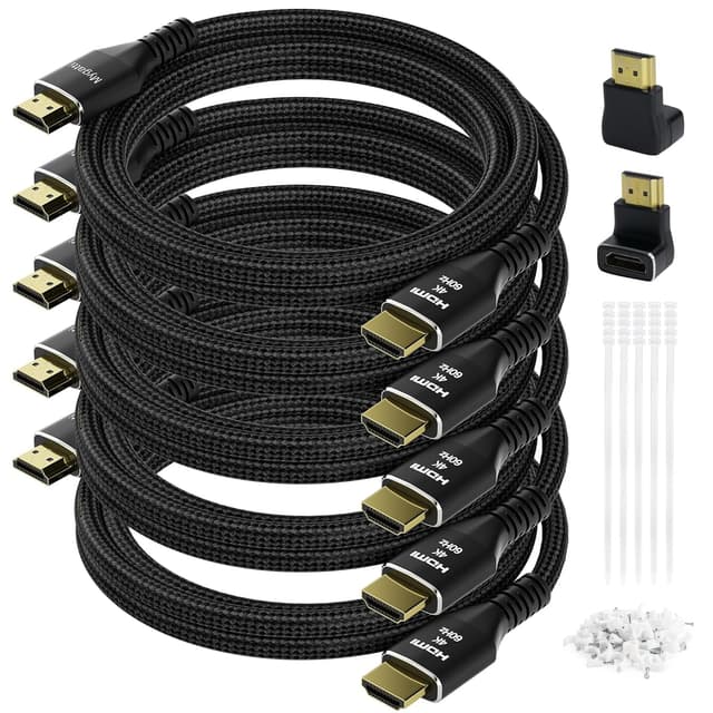 Detalle de Mygatti 4K Ultra HD HDMI 2.0 Kabel-Set (5 m, 5 Stück) mit rechtwinkligen Adaptern, vergoldeten Anschlüssen und Zubehör