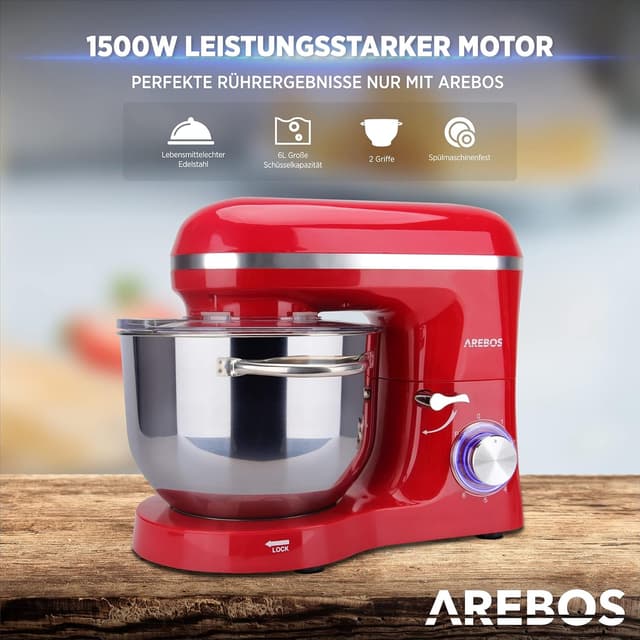 Detalle de Arebos Küchenmaschine 1500 W mit 6-L-Edelstahlschüssel (rot) – Planetenrührsystem & 6 Geschwindigkeiten