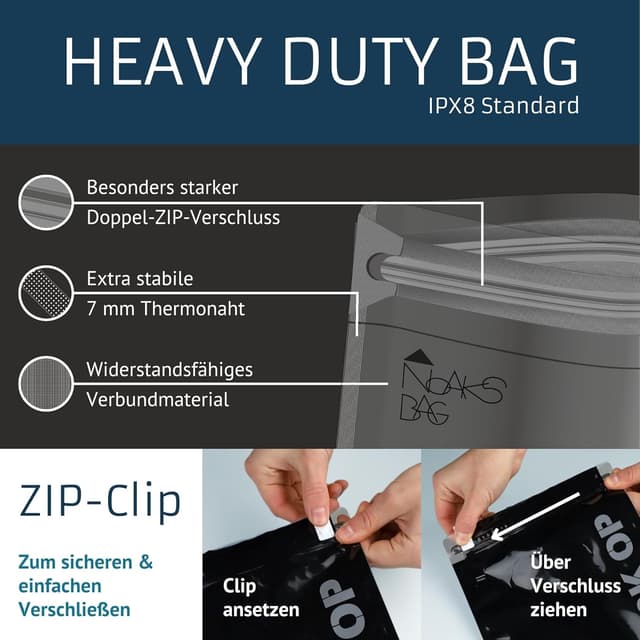 Detalle de Noaks Bags 5er-Pack wasserdichte IPX8-Beutel (L, DIN A4) – luft- und geruchsdicht für Reise & Outdoor