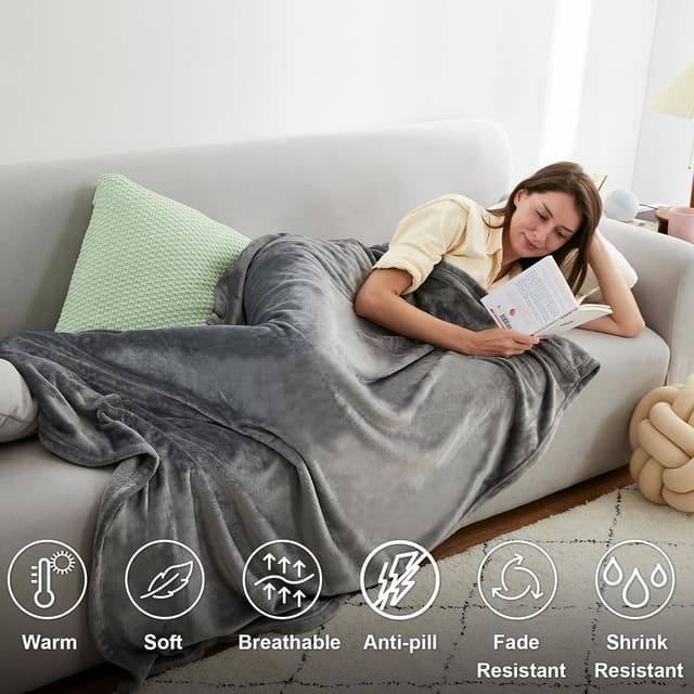 Detalle de EHEYCIGA Grey Fleece Throw Blanket XL 130x178cm for Sofas, Beds and Armchairs