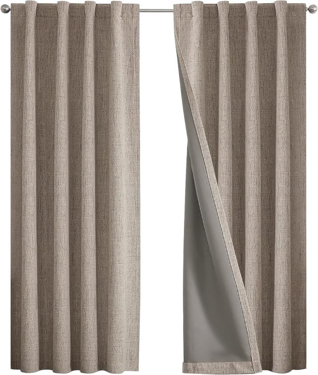 Detalle de Joydeco 100% Blackout Linen Curtains (2 Panels) — Thermal Insulated Drapes for Bedroom, Rod Pocket & Back Tabs