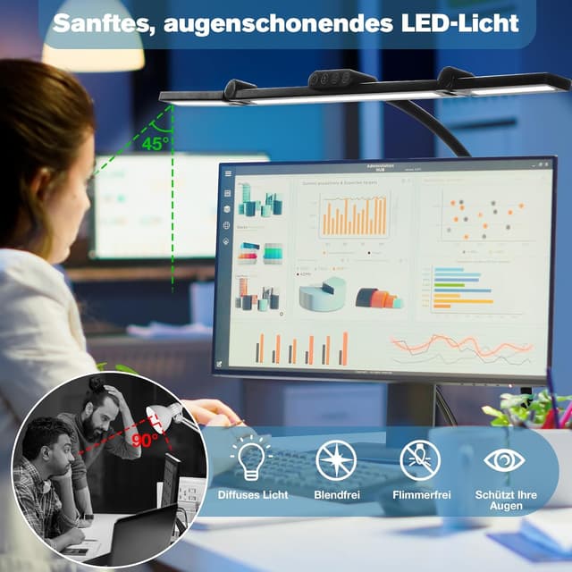 Detalle de Asstikoo LED-Schreibtischlampe dimmbar, 24 W, faltbar und klemmbare Monitorlampe fürs Homeoffice