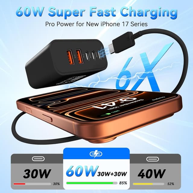 Detalle 2 de Duloch USB-C Fast Charger Block, 60W 5-Port Wall Charging Block (3 USB-C + 2 USB-A)