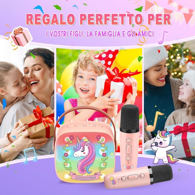Thumbnail 6 de Dislocati karaoke per bambini con 2 microfoni wireless, Bluetooth e luci LED a tema unicorno (3-12 anni)