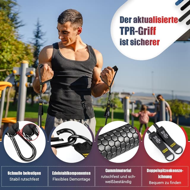 Detalle 2 de GYMERK Resistance Bands Set (5 Widerstandsstufen) mit Gummigriffen, Knöchelriemen & Türanker