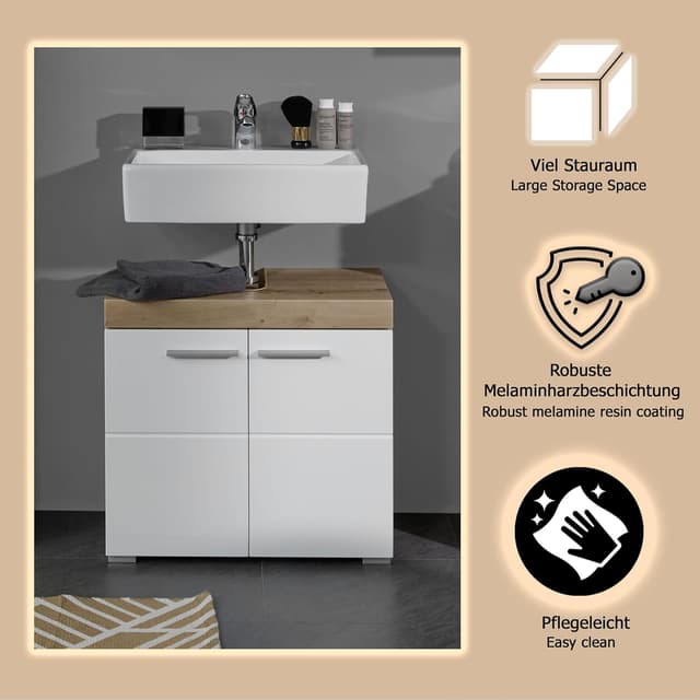 Thumbnail 6 de trendteam smart living „Amanda“ Waschbeckenunterschrank in Weiß/Weiß Hochglanz mit Asteiche-Optik, 60 x 56 x 34 cm