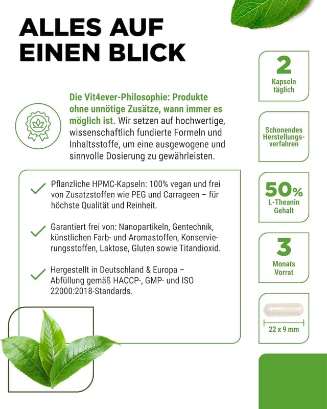 Detalle 2 de L-Theanin – 180 Kapseln mit 750 mg pro Tagesportion (2 Kapseln) aus Grüntee-Extrakt – vegan