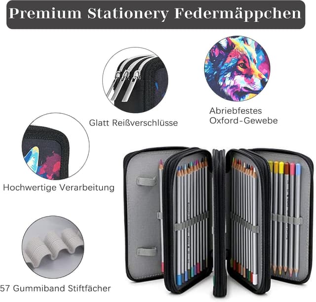 Detalle de Veroa Federmäppchen 3-fach quadratisch (57 Fächer) – schwarzes Mäppchen mit 3 Fächern