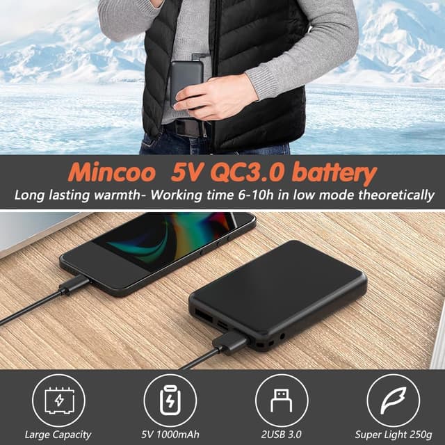 Detalle 2 de Mincoo Gilet riscaldabile USB 10.000 mAh per escursionismo