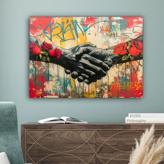 Detalle de MuchoWow© Impression sur toile 80x60 cm décoration murale Roses, mains & street art