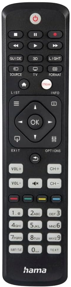 Detalle de Hama lernfähige Universal-Fernbedienung für Philips TVs, Infrarot, selbstleuchtende Tasten, Easy Mode & 10 m Reichweite (schwarz)