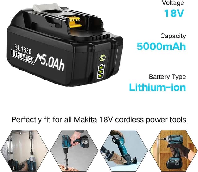 Detalle de 4× 18V 5.000 mAh Ersatzakku für Makita BL1850/BL1860 (LED-Anzeige, passend für viele LXT-400 Werkzeugakkus)