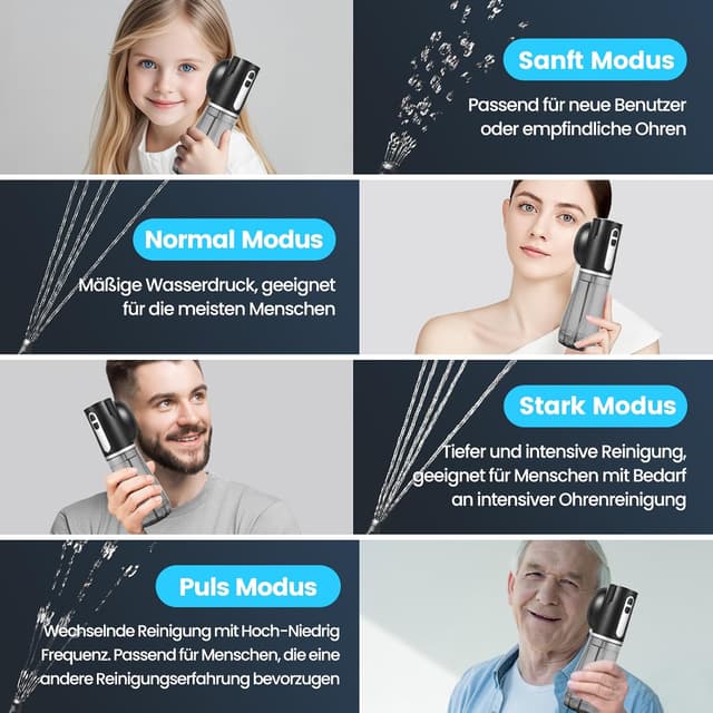 Detalle 2 de Scian Elektrischer Ohrenreiniger mit integriertem Doppeltank, 4 Druckstufen und 6 Ohr-Tipps (IPX7) – Ohrenschmalz Entferner