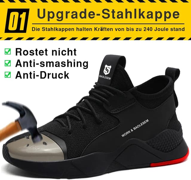 Detalle de BAOLESEM Sicherheitsschuhe – leichte, atmungsaktive Schutzschuhe mit Stahlkappe (Sneaker-Optik) in Schwarz