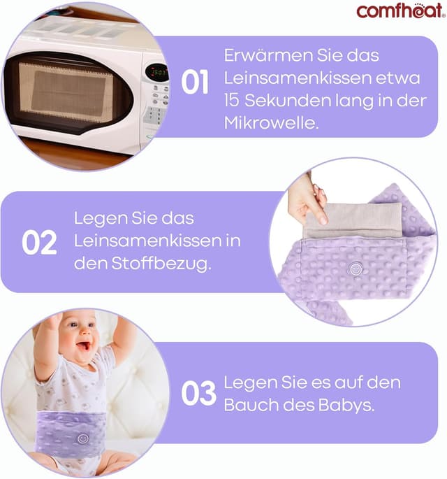 Thumbnail 6 de comfheat Koliken- & Gas-Relief Tummy Wrap mit Leinsamen, beheizbar (0–3 Jahre, Lila)
