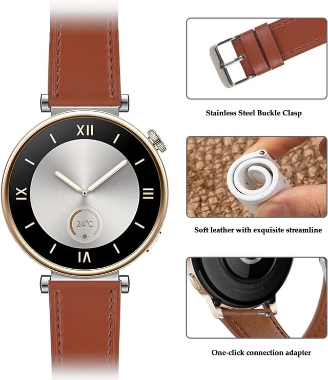 Detalle de Bracelet en cuir 18 mm pour Huawei Watch GT6/GT5/GT4 41 mm (cousu, à ressort) – remplacement rapide