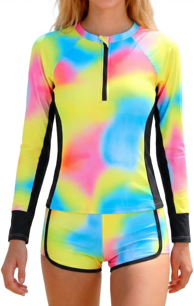 Detalle de JiAmy Mädchen Badeanzug Zweiteiler Set mit Langarm-UV-Schwimmshirt und Badehose (Gr. 122-152)