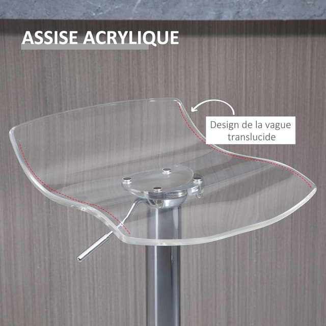 Detalle 2 de HOMCOM Lot de 2 tabourets de bar design transparents, assise acrylique pivotante 360° et hauteur réglable