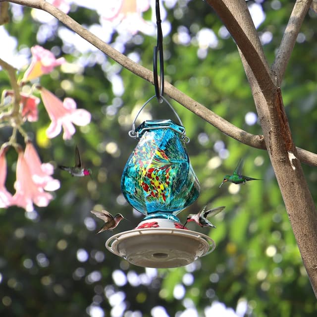 Detalle de BOLITE Hummingbird Feeder (Hand-Blown Glass) with Ant Moat and 5 Feeding Ports, 22 oz