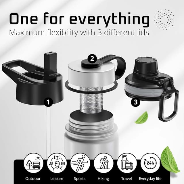 Detalle 2 de Stainless Steel Water Bottle with Straw & 3 Lids (ACTIVE FLASK) – Leak-Proof, Vacuum Insulated Hot & Cold