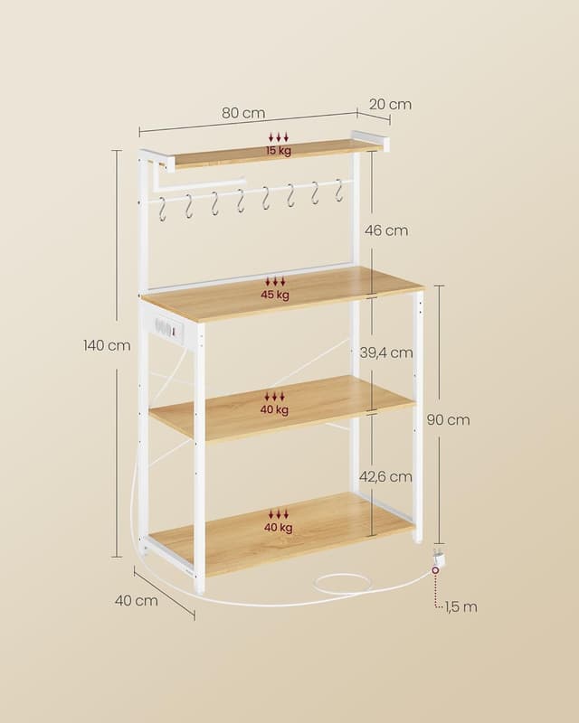 Thumbnail 5 de VASAGLE Scaffale da Cucina con Multipresa 40 x 80 x 140 cm