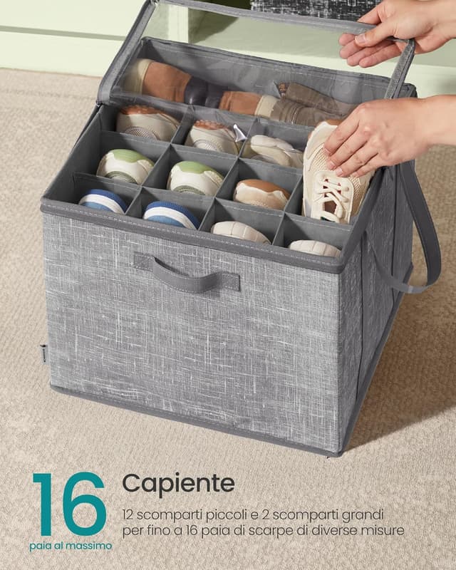 Detalle de SONGMICS Scatola organizer per scarpe fino a 16 paia LSP601G01 con coperchio trasparente grigio giunco