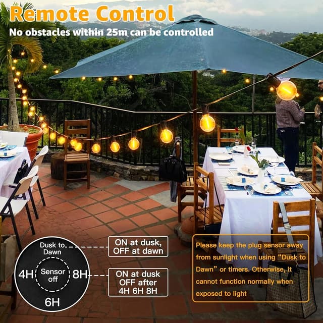 Detalle de Ollny Festoon Lights Outdoor 10m mains string lights with RF remote, timer and shatterproof G40 bulbs